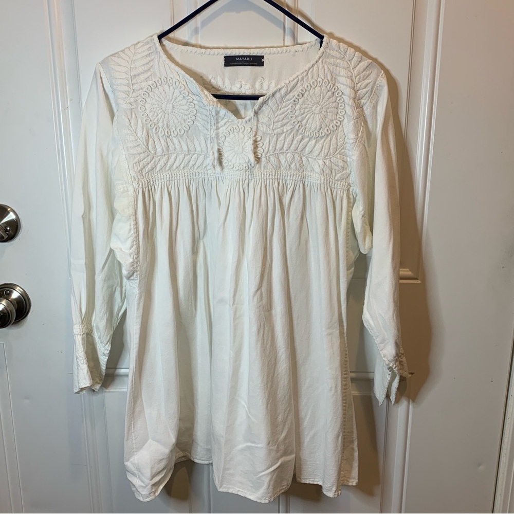 Mayarii Handmade Elegant White Embroidered Tunic Peasant Top Blouse Size XL